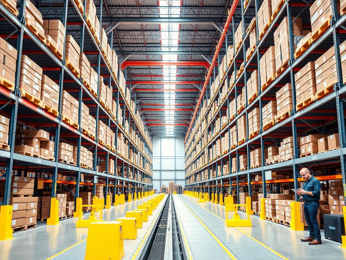 Interior of a modern high-bay distribution centre with conveyor systems